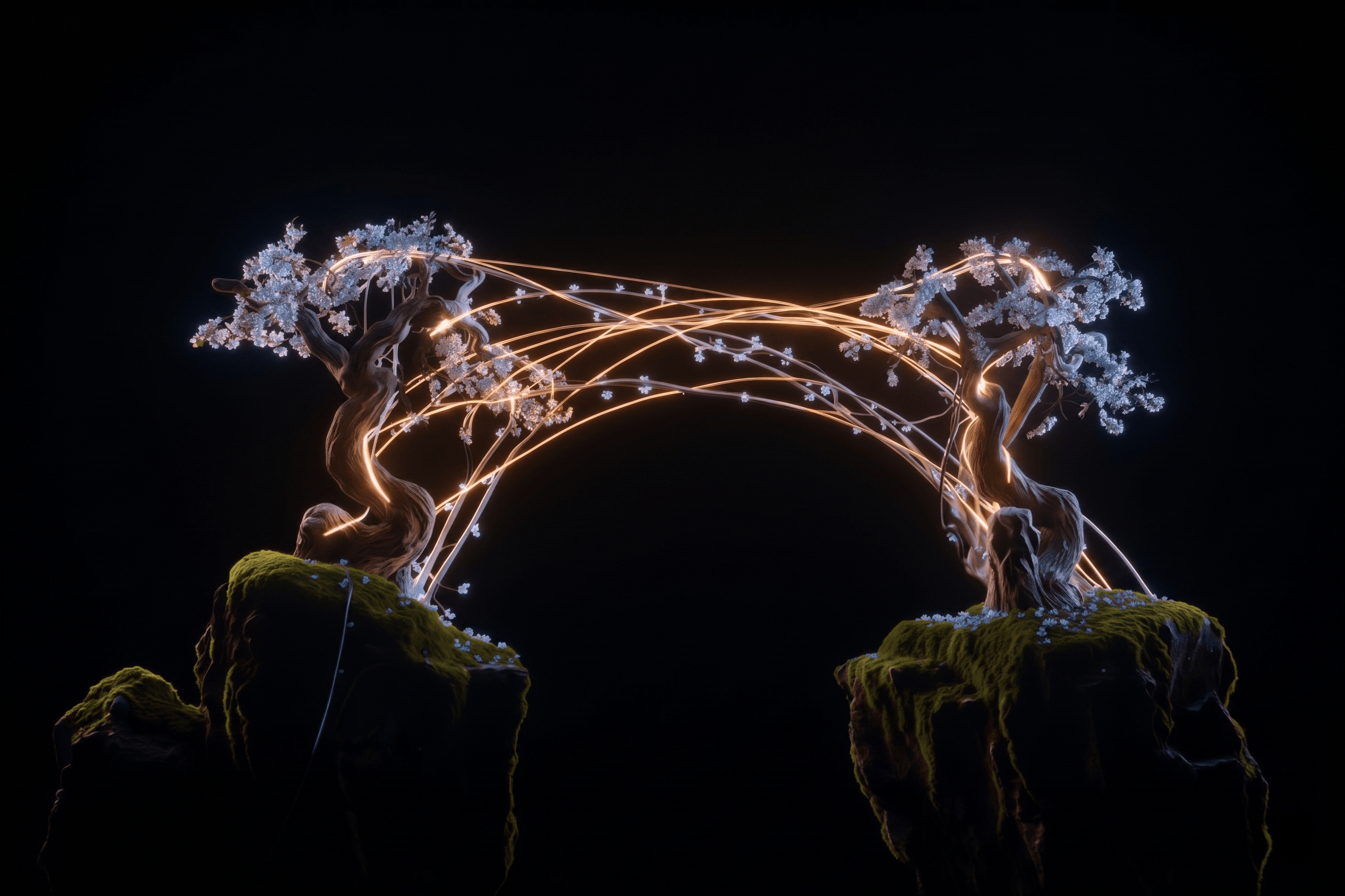 Two trees connected by glowing arcs